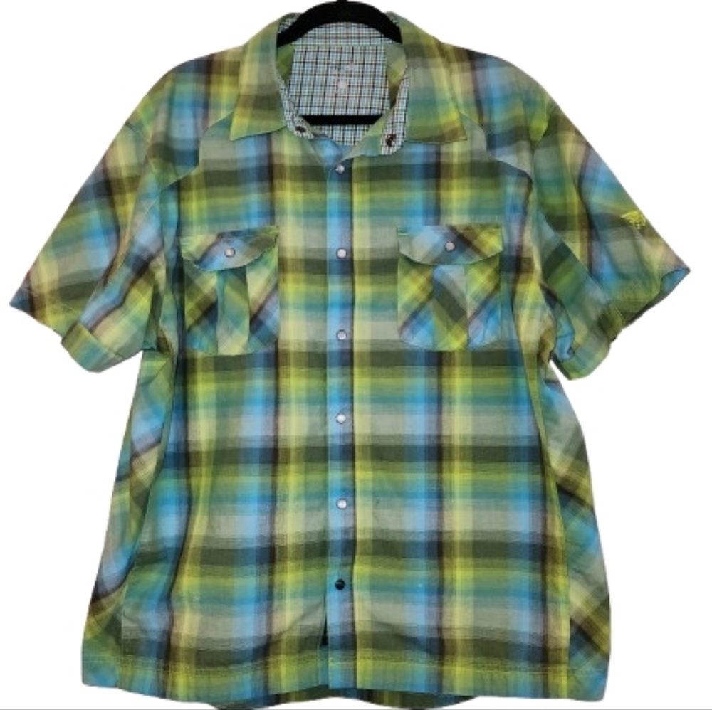 Mountain Hardwear Short Sleeve Pearl Snap Shirt Size XL Green/Blue/Brown Plaid